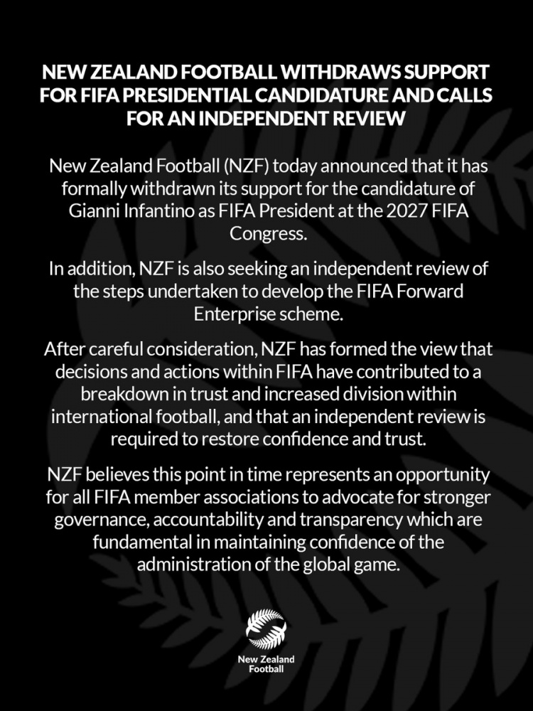 新西兰足协倒戈 撤回因凡蒂诺竞选FIFA主席支持 新西兰足协倒戈 撤回因凡蒂诺竞选FIFA主席支持